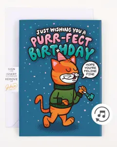 כרטיס ברכה כחול סגור עם חתול ג'ינג'י במשקפי שמש והכיתוב PURR-FECT BIRTHDAY