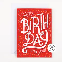 כרטיס ברכה אדום סגור עם הכיתוב HAPPY BIRTHDAY TO YOU בכתב יד לבן